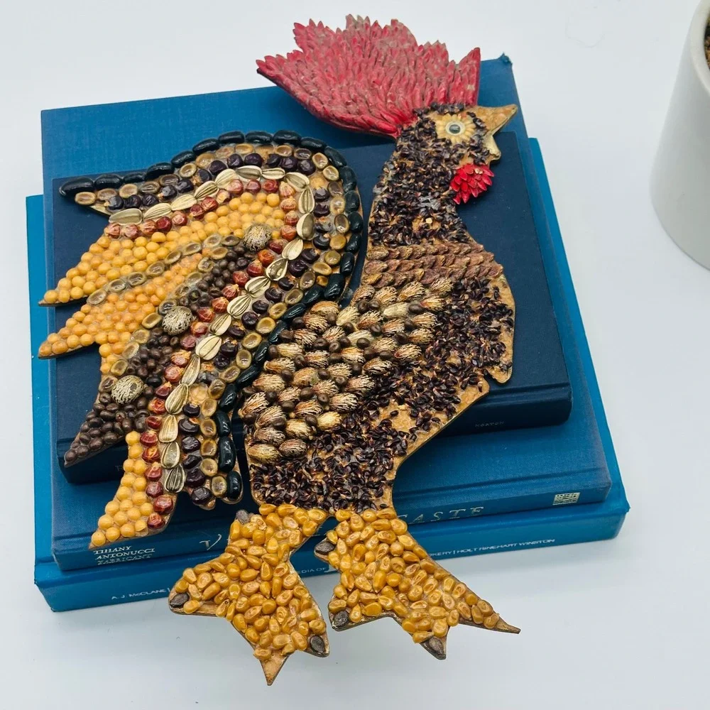 Handmade Vintage Seed Art Rooster Mosaic Folk Art Wall Decor Farmhouse Bird